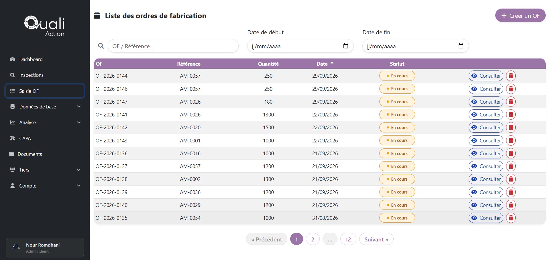 Gestion des ordres de fabrication et suivi de la qualité en production